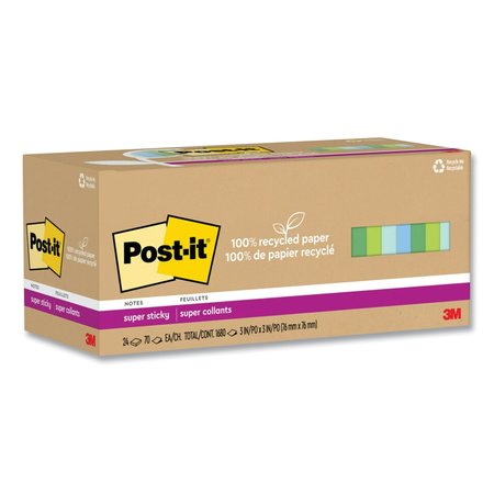 POST IT NOTES SUPER STICKY 100% Recycled Paper Super Sticky Notes, 3 x 3, Oasis, 70 Sheets/Pad, 24PK 70007079984